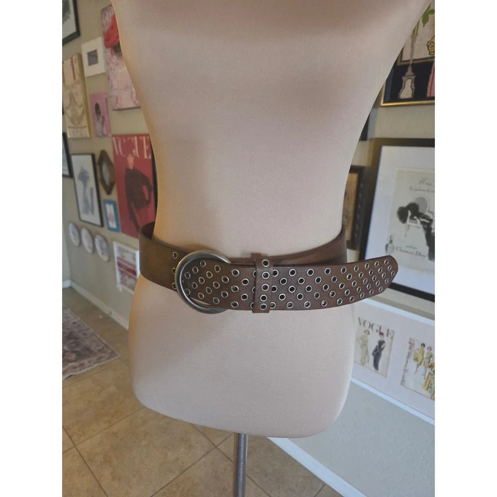 Brown Y2K Genuine Leather Wide Grommet Belt Silver D-Ring Buckle Boho